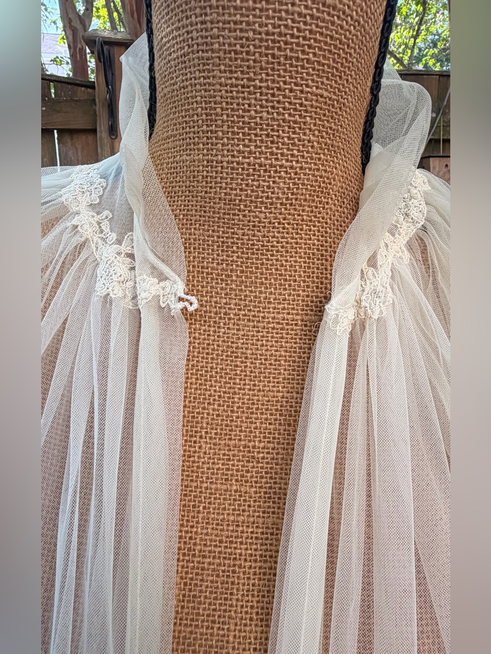 Vintage 1950s Sheer Long Ivory Tulle Robe with Billowy Sleeves - Picture 3 of 13